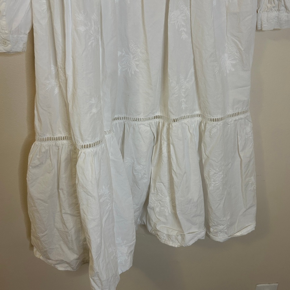 Zara White Floral Embroidered Cotton Tiered Midi Shirt Dress Long Sleeve L - Picture 10 of 10